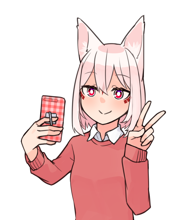 1girl animal_ear_fluff animal_ears bangs blush cellphone closed_mouth collared_shirt commentary_request facial_mark hair_between_eyes hands_up holding holding_phone long_sleeves original phone pink_hair red_eyes red_sweater selfie shako_(syakoba3) shirt simple_background sleeves_past_wrists smile solo sweater upper_body white_background white_shirt