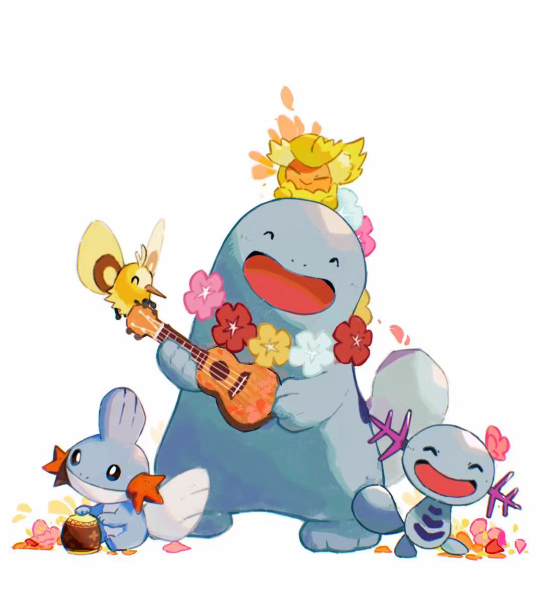 :d ^_^ arc_draws closed_eyes comfey commentary_request cutiefly drum facing_viewer flower holding holding_instrument instrument mudkip no_humans open_mouth petals pink_flower pokemon pokemon_(creature) quagsire simple_background smile white_background wooper