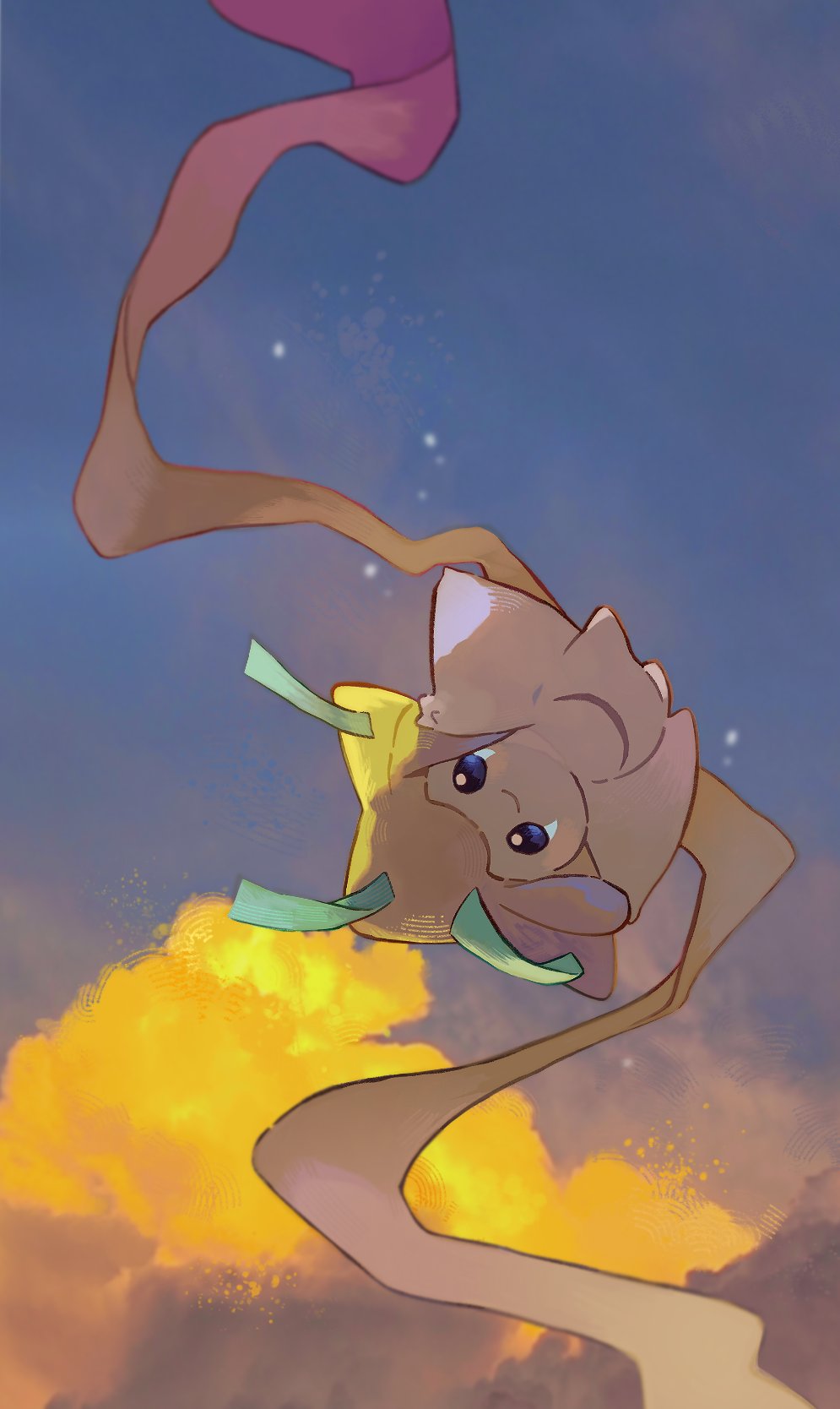 blue_eyes blue_sky clouds commentary evening floating haiyan_cha highres jirachi looking_at_viewer no_humans orange_clouds outdoors pokemon pokemon_(creature) sky smile solo