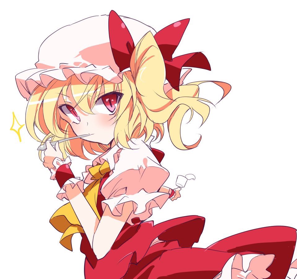 1girl ascot bangs blonde_hair bow flandre_scarlet hat hat_bow ichimura_kanata looking_at_viewer mob_cap one-hour_drawing_challenge one_side_up puffy_short_sleeves puffy_sleeves red_bow red_eyes red_skirt red_vest shirt short_sleeves simple_background skirt solo star_(symbol) touhou vest white_background white_headwear white_shirt wrist_cuffs yellow_ascot