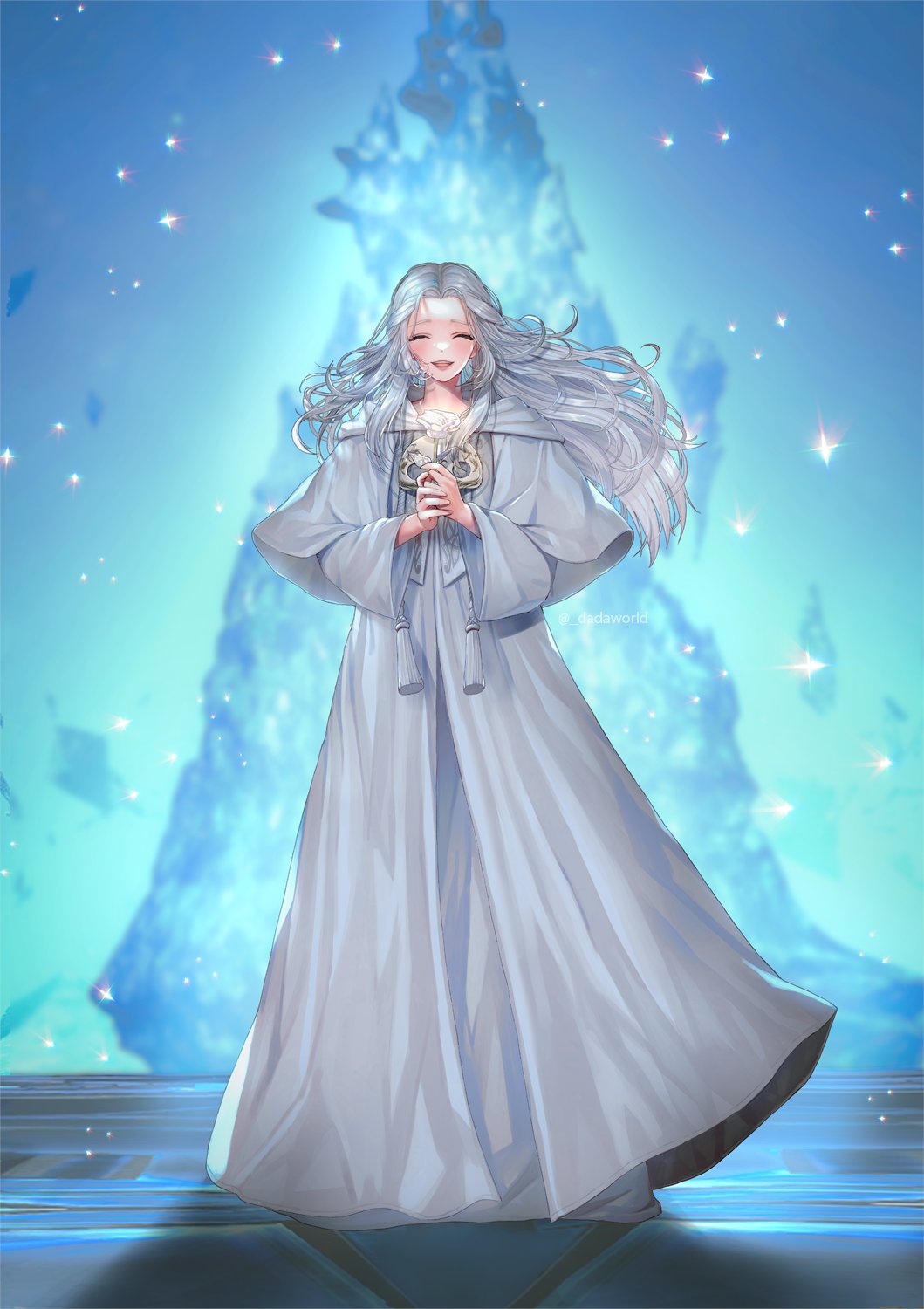 1girl ^_^ ^o^ blurry blurry_background capelet closed_eyes commentary crystal dadaworld facing_viewer final_fantasy final_fantasy_xiv floating_hair flower full_body glowing glowing_flower grey_capelet grey_hair grey_robe half_updo highres holding holding_flower hood hood_down hooded_capelet korean_commentary long_hair long_sleeves mask mask_around_neck mask_removed open_mouth own_hands_together robe smile solo sparkle standing straight-on tassel venat_(ff14) white_flower wide_sleeves