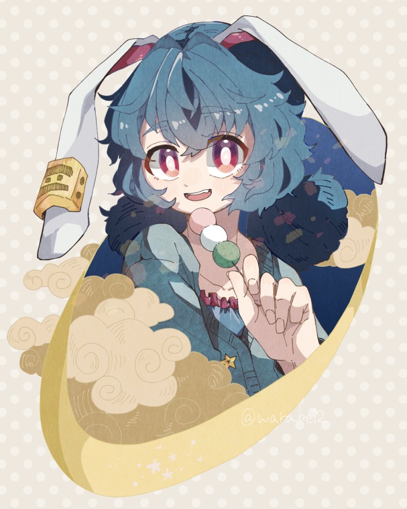 1girl :d animal_ears blue_hair blue_shirt blue_sweater blush bright_pupils clouds commentary dango fingernails floppy_ears food hair_between_eyes hand_up holding holding_food long_hair looking_at_viewer low_twintails open_mouth rabbit_ears red_eyes seiran_(touhou) shirt smile solo sweater teeth touhou twintails upper_body upper_teeth wagashi warabe_(be-san) white_pupils