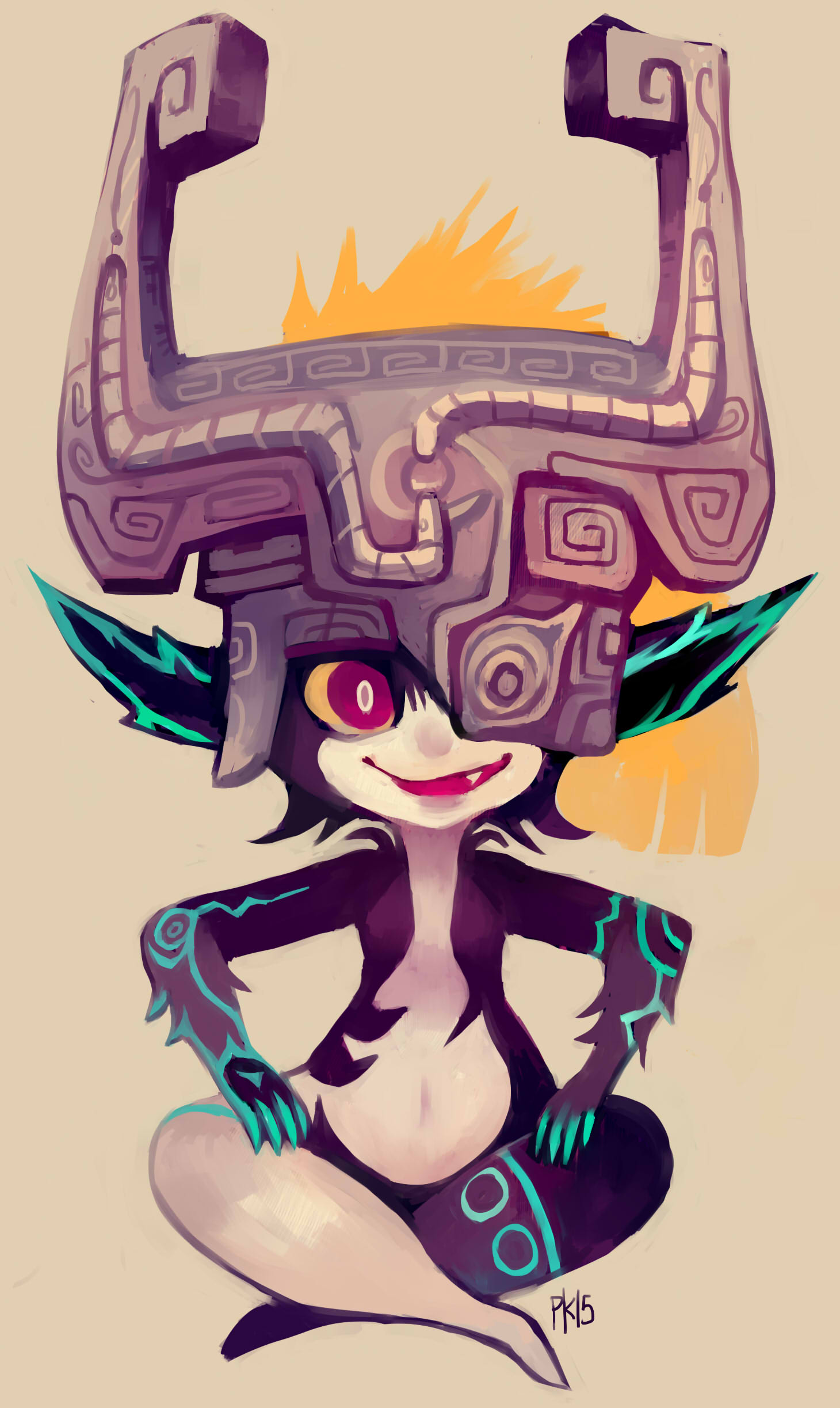 1girl :d absurdres black_skin body_markings bright_pupils colored_sclera colored_skin fang glitchedpuppet hands_on_own_legs helmet highres imp indian_style looking_at_viewer midna multicolored_skin navel neon_trim one_eye_covered open_mouth orange_hair pointy_ears ponytail shortstack sitting smile solo the_legend_of_zelda the_legend_of_zelda:_twilight_princess two-tone_skin white_pupils wide_hips yellow_sclera
