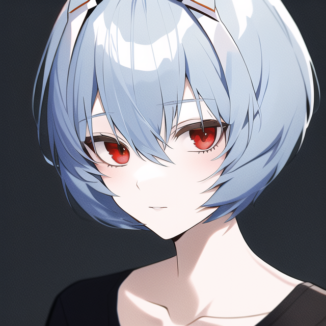 ai-generated ayanami_rei black_shirt blue_eyebrow blue_hair facing_viewer light_blue_hair nai_diffusion neon_genesis_evangelion pale_skin portrait rebuild_of_evangelion red_eyes shirt smile