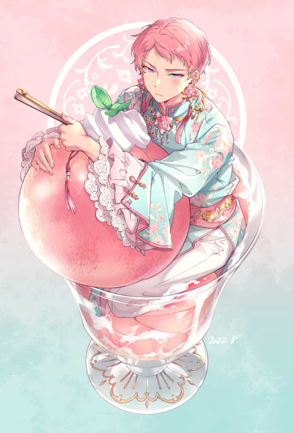 1boy aqua_background aqua_robe blush changpao chinese_clothes circus66 closed_mouth commentary cream cup dated earrings ensemble_stars! floral_print flower flower_earrings flower_necklace folded_fan folding_fan food frilled_sleeves frills fruit gold_necklace gradient gradient_background hand_fan holding holding_fan in_container in_cup itsuki_shu jewelry lace-trimmed_sleeves lace_trim looking_at_viewer male_focus necklace object_hug pants parfait peach pink_background pink_hair pink_sash sash short_hair sitting solo symbol-only_commentary tassel tassel_earrings violet_eyes white_pants wide_sleeves