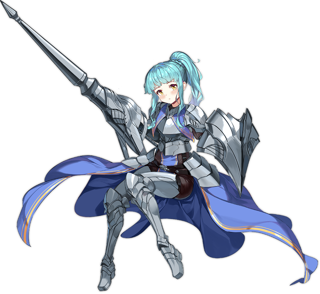 1girl ark_order armor armored_boots artist_request bangs bare_shoulders black_corset black_thighhighs blue_cape blue_hair boots bra braid breastplate cape closed_mouth corset full_body gareth_(ark_order) grey_footwear high_ponytail holding holding_shield holding_weapon long_hair official_art shield sitting solo tachi-e thigh-highs thigh_boots transparent_background underwear weapon white_bra yellow_eyes