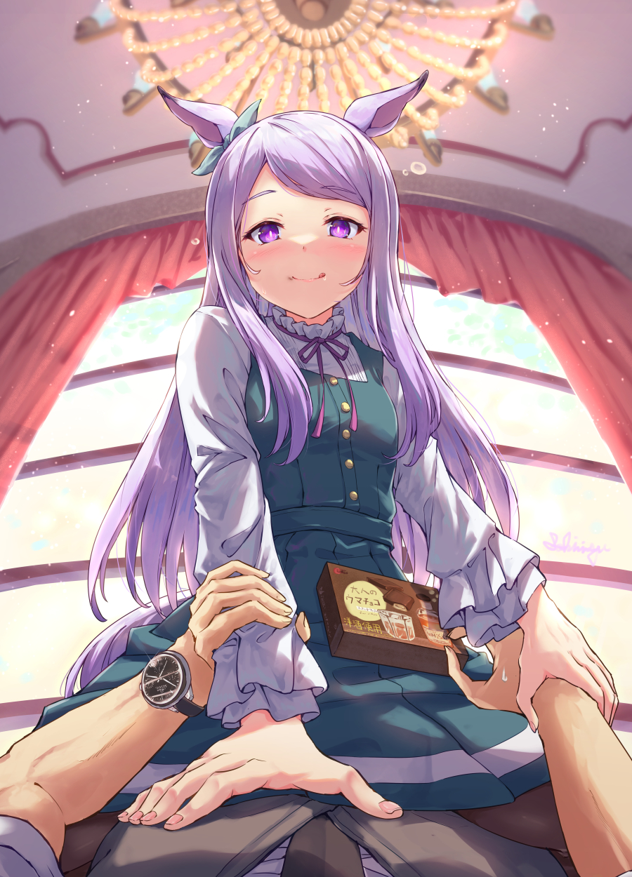 1girl :p alternate_costume blush breasts casual commentary_request curtains highres looking_at_viewer mejiro_mcqueen_(umamusume) pov pov_hands purple_hair sakimiya_(inschool) small_breasts smile solo_focus standing_on_person tongue tongue_out umamusume violet_eyes window