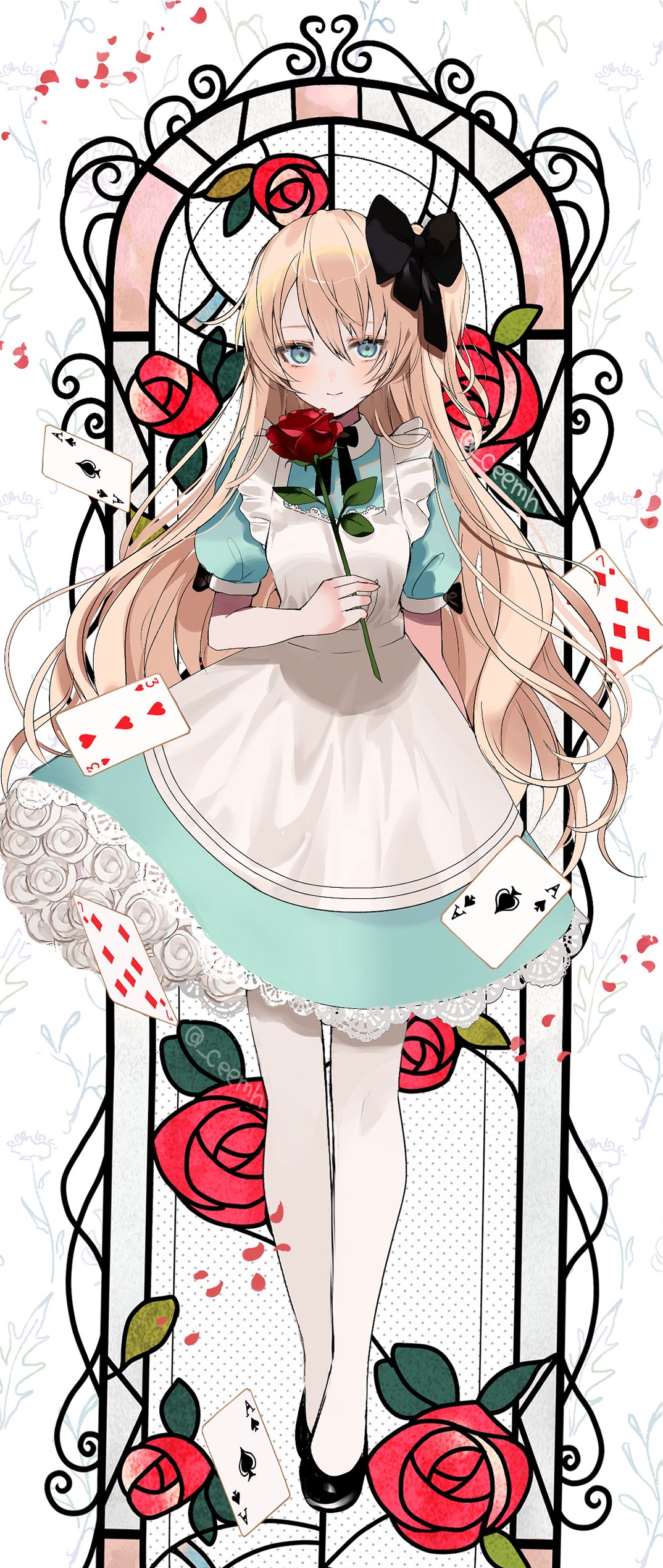 1girl absurdres alice_(alice_in_wonderland) alice_in_wonderland apron blonde_hair blue_dress blue_eyes blush chiemo_(xcem) closed_mouth dress falling_card flower full_body hair_between_eyes hair_ornament hair_ribbon highres holding holding_flower long_hair looking_at_viewer pantyhose red_flower red_rose ribbon rose skirt stained_glass waist_apron white_apron white_pantyhose
