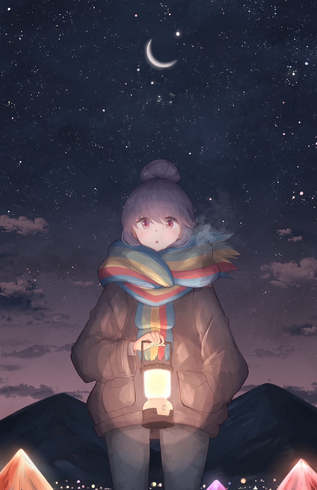 1girl bangs blue_hair blue_pants breath brown_jacket clouds cloudy_sky crescent_moon cropped_legs denim hair_between_eyes hair_bun hand_in_pocket highres holding holding_lantern jacket jeands lantern long_sleeves looking_at_viewer moon multicolored_clothes multicolored_scarf night open_mouth outdoors pants scarf shima_rin sky solo star_(sky) starry_sky striped striped_scarf tent violet_eyes yosshii_(ne_ko_matter) yurucamp