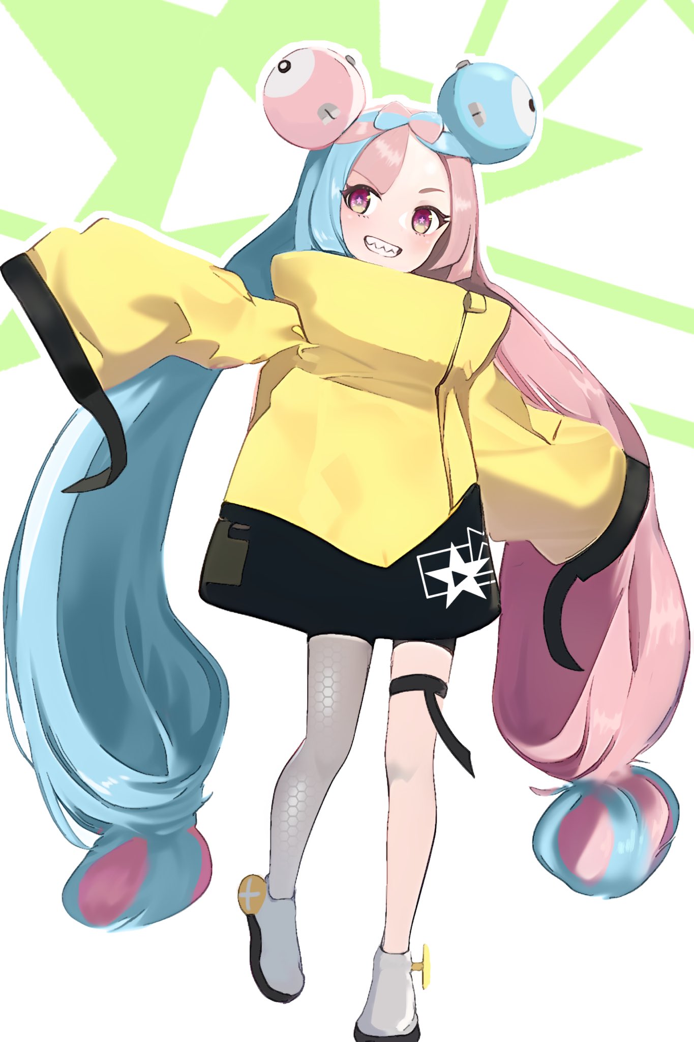blue_hair blush character_hair_ornament commentary_request full_body grey_footwear grey_pantyhose grin hair_ornament highres hirazi_illust iono_(pokemon) jacket long_hair pantyhose pink_hair pokemon pokemon_(game) pokemon_sv sharp_teeth shoes single_leg_pantyhose smile standing teeth thigh_strap twintails yellow_jacket