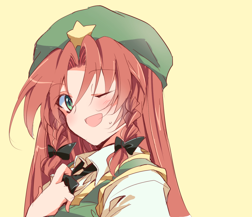 1girl ;d bangs beret black_bow bow braid green_eyes green_headwear hair_bow hat hat_ornament hong_meiling ichimura_kanata long_hair looking_at_viewer one-hour_drawing_challenge one_eye_closed parted_bangs redhead side_braids simple_background smile solo star_(symbol) star_hat_ornament touhou twin_braids upper_body yellow_background