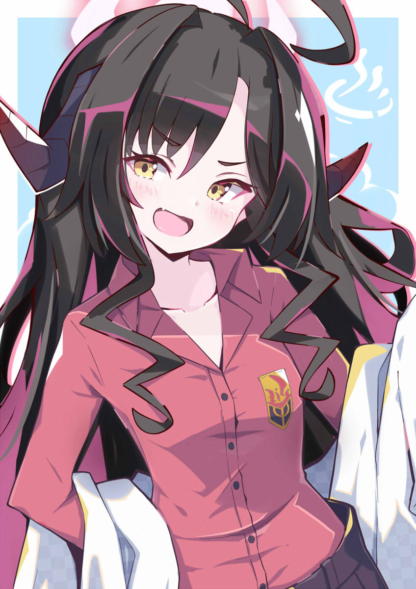 1girl ahoge black_hair blue_archive buttons collarbone fang hair_intakes highres horns huge_ahoge insignia kasumi_(blue_archive) long_hair long_sleeves omochishiki open_mouth red_shirt shirt skin_fang solo v-shaped_eyebrows yellow_eyes