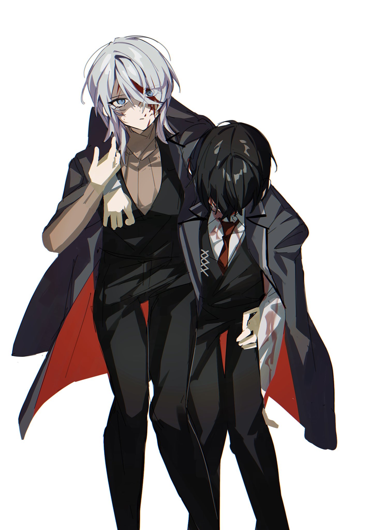 1boy 1girl black_pants blood blood_on_clothes blood_on_face blue_eyes carrying_over_shoulder collared_shirt expressionless faust_(limbus_company) formal head_down highres injury jacket limbus_company long_sleeves mu46016419 necktie open_clothes open_jacket pants project_moon shirt suit sweater white_background white_shirt yi-sang_(limbus_company)