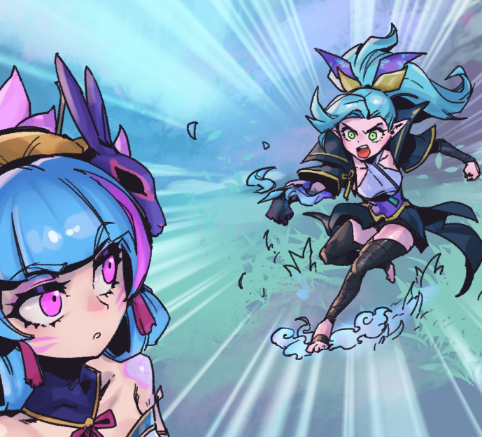 2girls :o attack bare_shoulders black_thighhighs breasts crossbow evelynn_(league_of_legends) facial_mark green_hair league_of_legends long_sleeves looking_at_another medium_breasts multiple_girls official_alternate_costume open_mouth phantom_ix_row pink_eyes ponytail shiny shiny_hair spirit_blossom_evelynn spirit_blossom_vayne teeth thigh-highs toeless_legwear upper_teeth vayne_(league_of_legends) whisker_markings