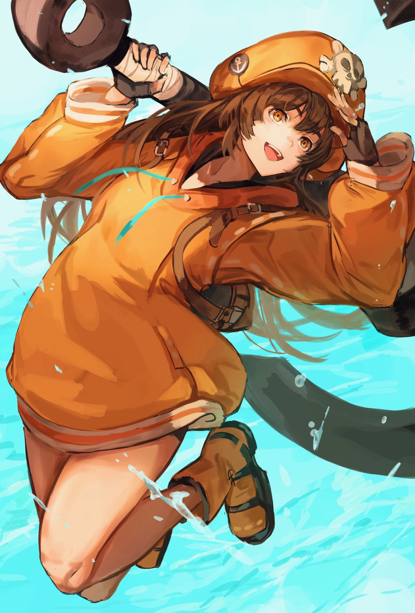 1girl anchor anchor_symbol backpack bag bare_legs black_gloves brown_eyes brown_hair fingerless_gloves gloves guilty_gear guilty_gear_strive hat highres huge_weapon jacket jumping long_hair may_(guilty_gear) nasubin_(nasubisamurai15) open_mouth orange_footwear orange_jacket pirate pirate_hat salute skull_and_crossbones smile solo water weapon white_background