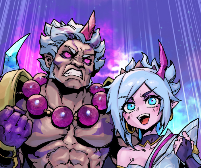 1boy 1girl :d akuma_(street_fighter) alternate_costume bangs bead_necklace beads black_sclera blush clenched_hand clenched_teeth colored_sclera crossover earrings green_eyes green_hair hand_up horns jewelry league_of_legends muscular muscular_male necklace official_alternate_costume phantom_ix_row pink_eyes pointy_ears shiny shiny_hair single_bare_shoulder single_horn smile spirit_blossom_riven street_fighter teeth