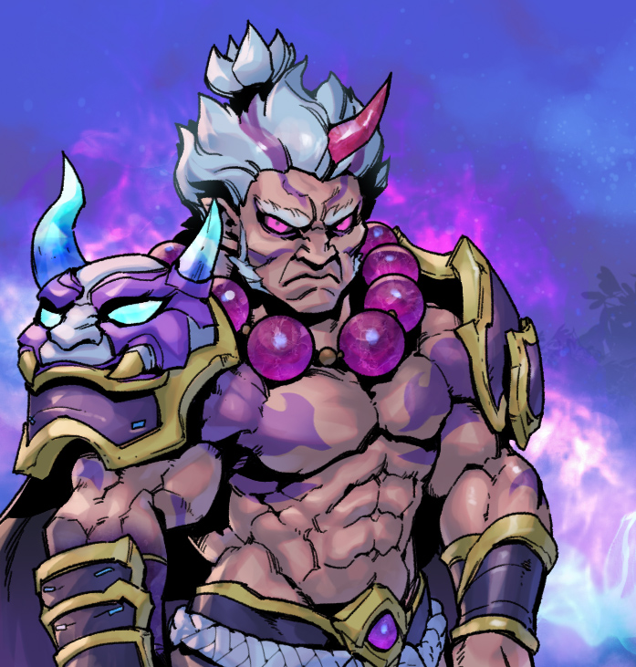 1boy abs akuma_(street_fighter) armor bangs bead_necklace beads belt black_sclera closed_mouth colored_sclera crossover frown grey_hair horns jewelry league_of_legends looking_at_viewer male_focus multicolored_background muscular muscular_male necklace outdoors phantom_ix_row pink_eyes serious short_hair shoulder_plates single_horn solo spirit_blossom_(league_of_legends) street_fighter tattoo upper_body