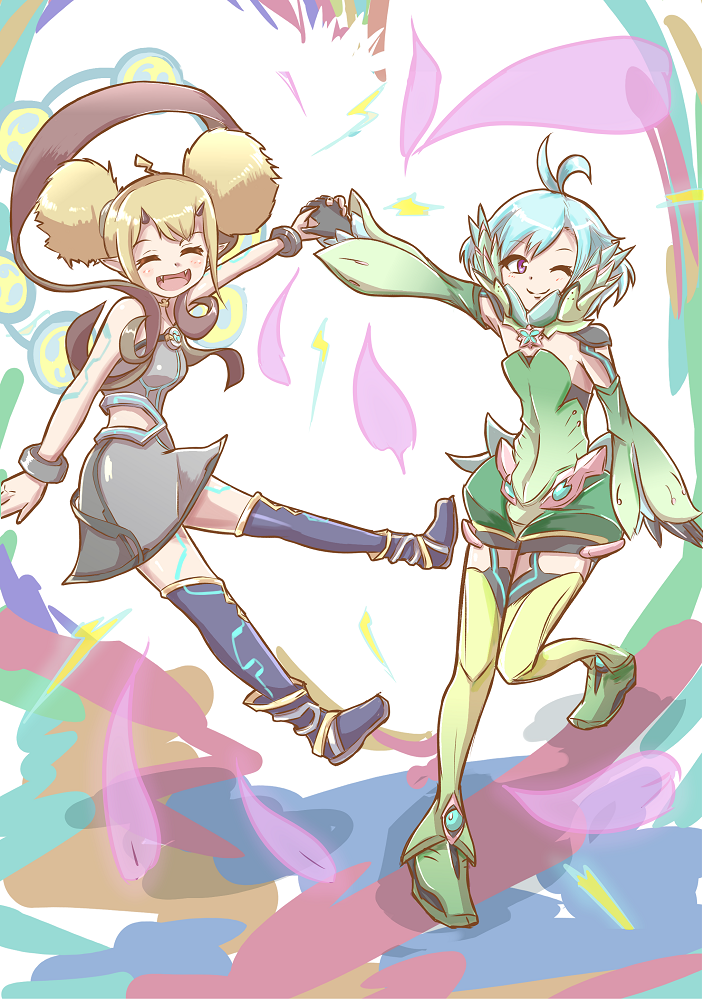 1boy 1girl :d ahoge bare_shoulders black_gloves blonde_hair blue_footwear boots closed_eyes closed_mouth double_bun dress electra_(xenoblade) fangs floren_(xenoblade) full_body gloves green_footwear green_hair green_leotard green_sleeves green_thighhighs grey_dress hair_bun holding_hands horns leotard looking_at_viewer one_eye_closed otoko_no_ko pink_eyes pointy_ears short_hair sleeveless sleeveless_dress smile tattoo thigh-highs thigh_boots white_background xenoblade_chronicles_(series) xenoblade_chronicles_2 yukara-msma