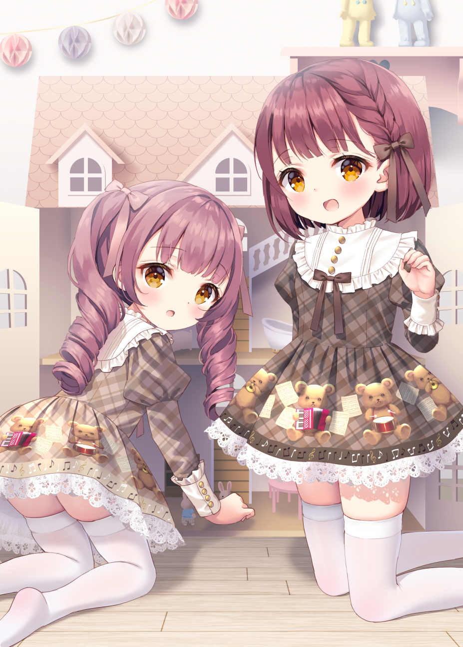 2girls :d :o bangs blush bow brown_bow brown_dress brown_hair chitosezaka_suzu commentary doll_house dress drill_hair english_commentary frilled_dress frills hair_bow highres juliet_sleeves kneeling long_hair long_sleeves looking_at_viewer multiple_girls no_shoes open_mouth orange_eyes original plaid plaid_skirt puffy_sleeves purple_hair skirt smile soles thigh-highs twin_drills twintails white_thighhighs wooden_floor