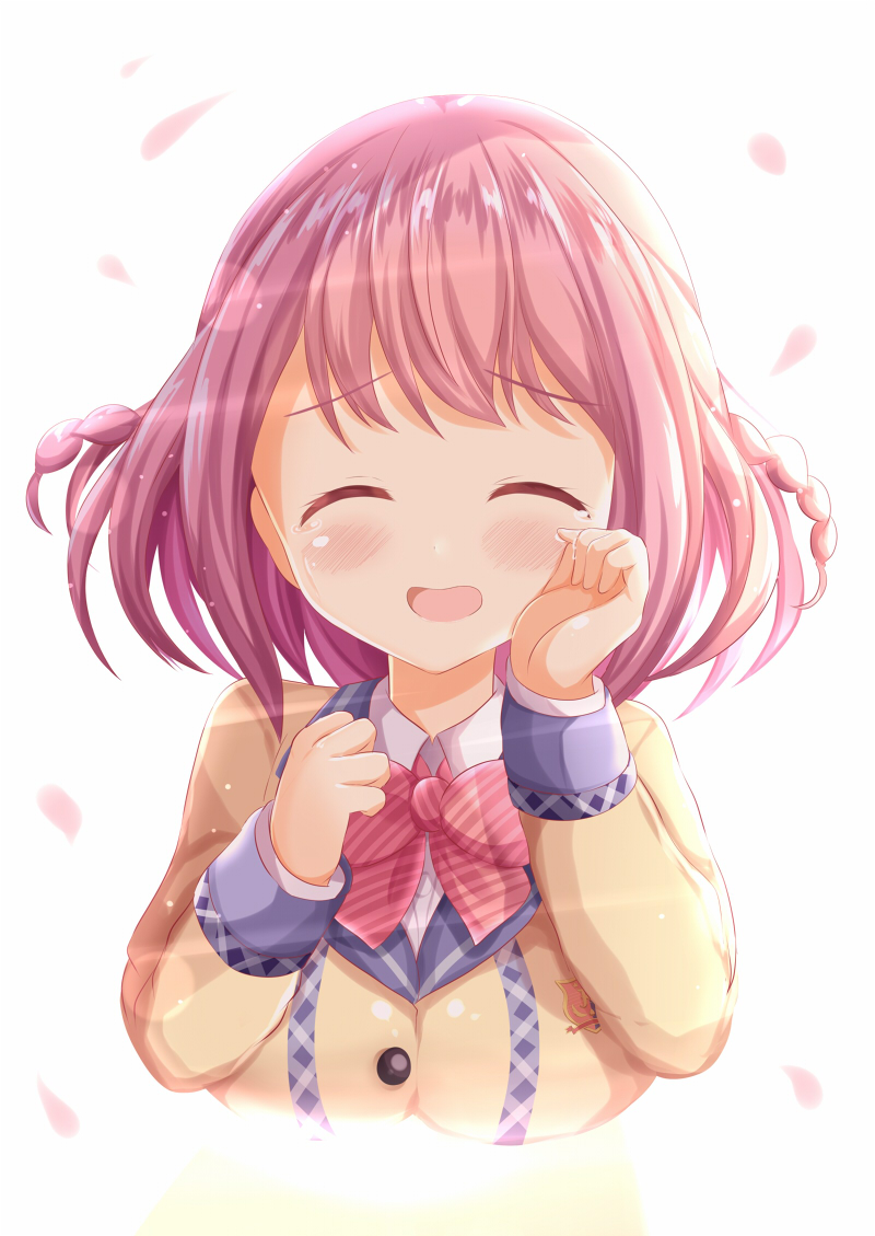 1girl :d ^_^ bangs blush braid breasts brown_jacket closed_eyes collared_shirt commentary_request cropped_torso crying diagonal-striped_bow facing_viewer grey_background hands_up hoshizaki_akari jacket long_sleeves looking_at_viewer medium_breasts ongeki petals pink_hair school_uniform shirt simple_background smile solo tears twin_braids upper_body white_shirt wiping_tears zenon_(for_achieve)