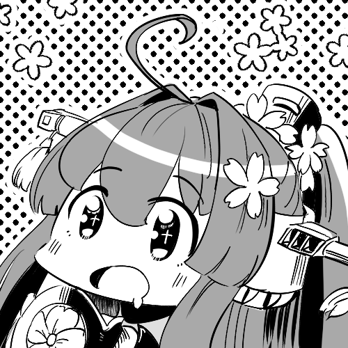 1girl ahoge cherry_blossoms collar commentary_request drooling flower greyscale hair_flower hair_intakes hair_ornament headgear kantai_collection long_hair lowres metal_collar monochrome polka_dot polka_dot_background ponytail sakuramon saliva shirouri solo translation_request upper_body yamato_(kancolle)