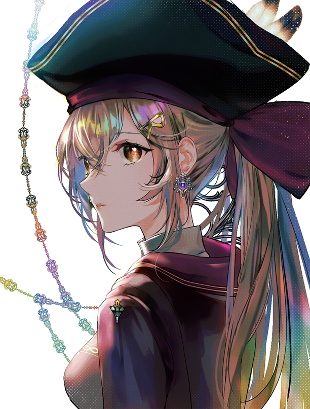 1girl ahoge alternate_costume bangs brown_eyes brown_hair earrings hair_ornament hairclip hat hololive hololive_english jewelry lips long_hair looking_back multicolored_hair nanashi_mumei pirate pirate_costume pirate_hat ponytail rainbow_gradient rainbow_hair so_won streaked_hair very_long_hair virtual_youtuber