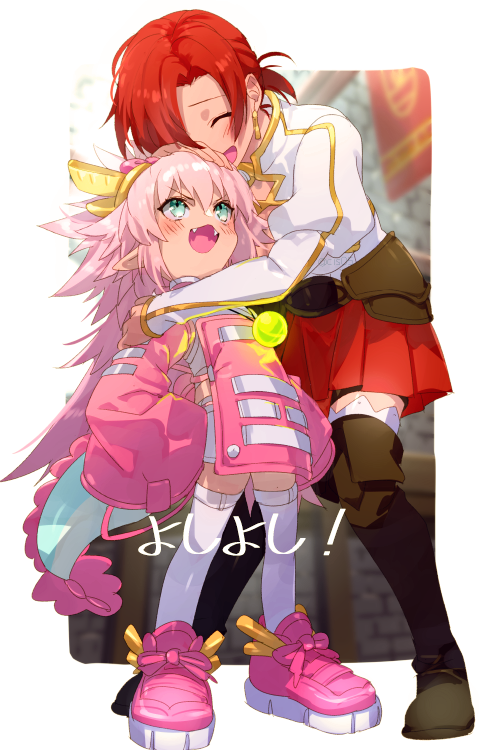 2girls blue_eyes blush boudica_(fate) breasts closed_eyes dragon_girl dragon_horns dragon_tail echo_(circa) elizabeth_bathory_(fate) fate/grand_order fate_(series) headpat height_difference horns hug juliet_sleeves large_breasts long_sleeves looking_at_another multiple_girls pink_hair puffy_sleeves redhead short_ponytail shrug_(clothing) smile tail thigh_strap