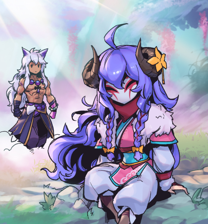 1boy 1girl ahoge animal_ears arm_support bangs bead_necklace beads bow braid commentary_request facing_viewer flower fox_ears fur_trim green_pants grey_hair hair_between_eyes hair_bow horn_flower horns japanese_clothes jewelry kimono kindred_(league_of_legends) lamb_(league_of_legends) league_of_legends long_hair looking_at_another mask muscular muscular_male necklace orange_bow outdoors pants phantom_ix_row purple_hair sett_(league_of_legends) shiny shiny_hair sitting spirit_blossom_kindred spirit_blossom_sett tree twin_braids yellow_flower