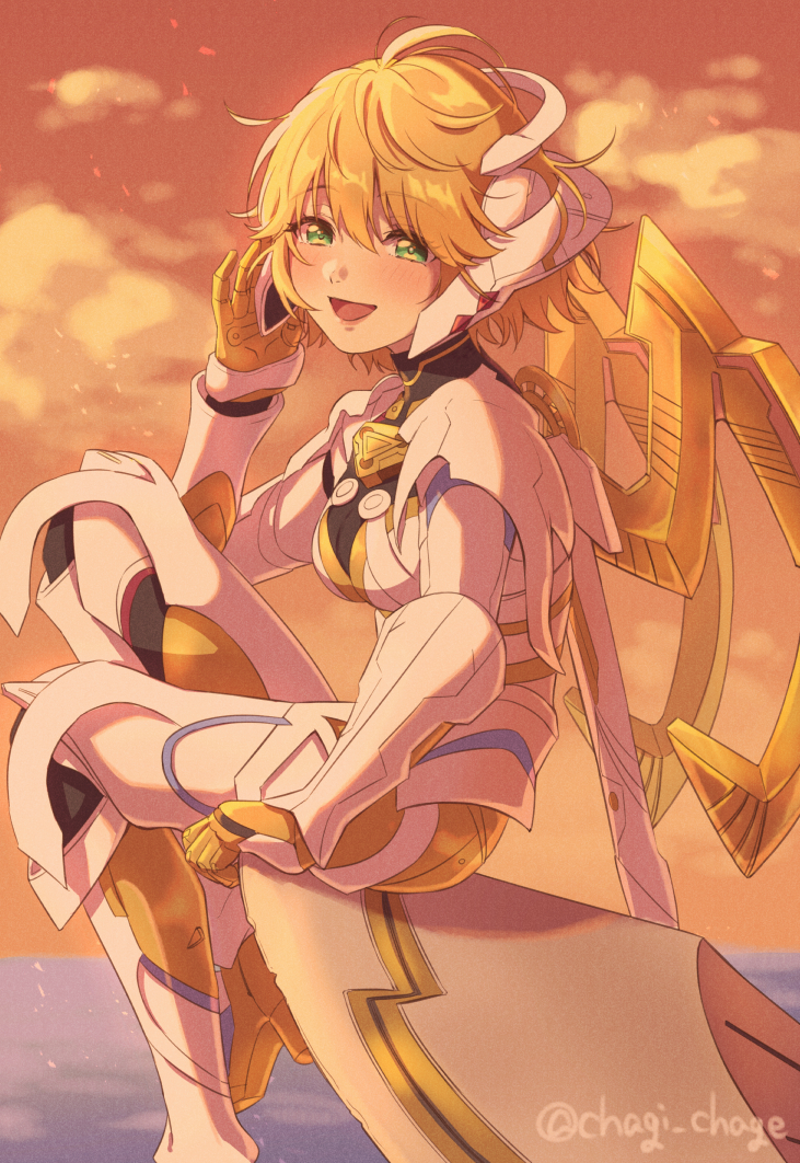 1girl :d bangs blonde_hair clouds cloudy_sky commentary_request fiora_(xenoblade) green_eyes hair_between_eyes horizon knee_up legend_of_nappo looking_at_viewer looking_to_the_side mecha-fiora mecha_musume ocean outdoors short_hair sitting sky smile solo sunset twitter_username water xenoblade_chronicles_(series) xenoblade_chronicles_1