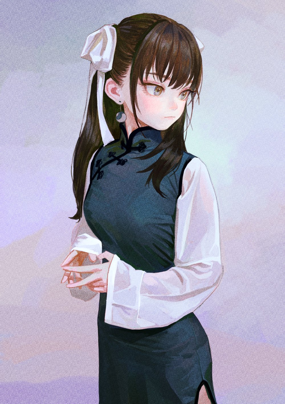 1girl bow brown_eyes brown_hair chinese_clothes earrings fkey hair_bow highres jewelry long_hair looking_back original side_slit simple_background solo white_bow wide_sleeves