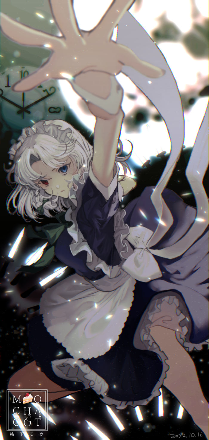 1girl apron arm_up back_bow bangs blue_dress blue_eye bow clock closed_mouth commentary_request dated dress foot_out_of_frame foreshortening heterochromia highres izayoi_sakuya looking_at_viewer maid_apron maid_headdress medium_hair mochacot moon parted_bangs red_eyes short_sleeves signature solo touhou white_apron white_bow white_hair