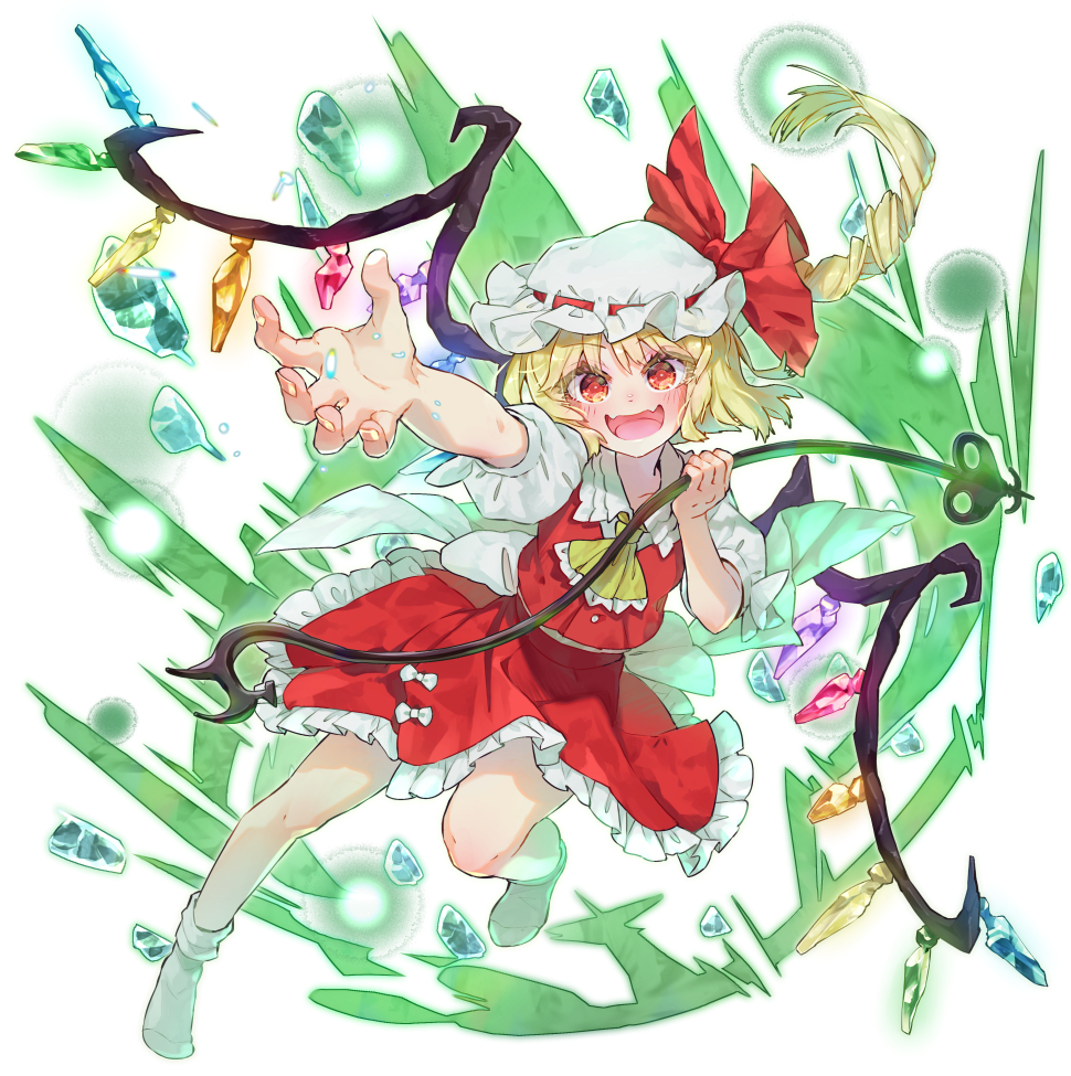 1girl ascot blonde_hair collared_shirt crystal flandre_scarlet frilled_skirt frills full_body hat laevatein_(touhou) long_hair mob_cap puffy_short_sleeves puffy_sleeves red_eyes red_skirt red_vest shirt short_sleeves side_ponytail simple_background skirt socks solo syuri22 touhou vest white_background white_headwear white_shirt white_socks wings yellow_ascot