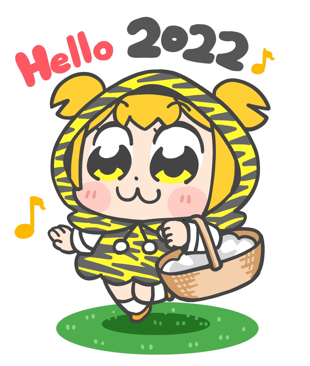 1girl 2022 :3 animal_print bangs basket bkub blush_stickers chinese_zodiac clenched_hand commentary dot_nose full_body holding holding_basket hood hood_up hooded_coat musical_note orange_footwear orange_hair poptepipic popuko shirt shoes short_hair short_twintails simple_background skipping socks solo tiger_print twintails two_side_up white_background white_shirt white_socks year_of_the_tiger yellow_eyes