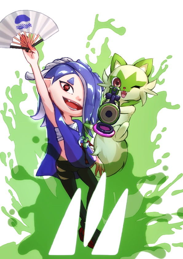 1girl :3 :d aiming_at_viewer arm_up asymmetrical_hair bamboozler_14_(splatoon) black_pants black_socks blue_hair brown_eyes cephalopod_eyes chest_sarashi colored_skin company_connection crossover fangs fingernails folding_fan hachimaki hair_over_one_eye hand_fan headband holding holding_fan horizontal_pupils long_hair looking_at_viewer mugipot multicolored_skin nejiri_hachimaki nintendo octarian paint_splatter pants pink_pupils pokemon pokemon_(creature) poncho red_eyes red_footwear red_skin sarashi sharp_fingernails shiver_(splatoon) simple_background smile socks splatoon_(series) splatoon_3 sprigatito suction_cups tentacle_hair two-tone_skin white_background