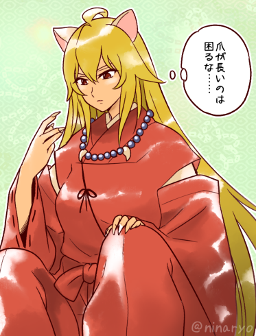 animal_ears bangs bead_necklace beads blonde_hair breasts claws commentary_request cosplay dog_ears dog_girl gyaru inuyasha inuyasha_(character) inuyasha_(character)_(cosplay) jewelry kemonomimi_mode long_hair lowres necklace niina_ryou red_eyes shikishima_mirei translation_request valkyrie_drive valkyrie_drive_-mermaid-