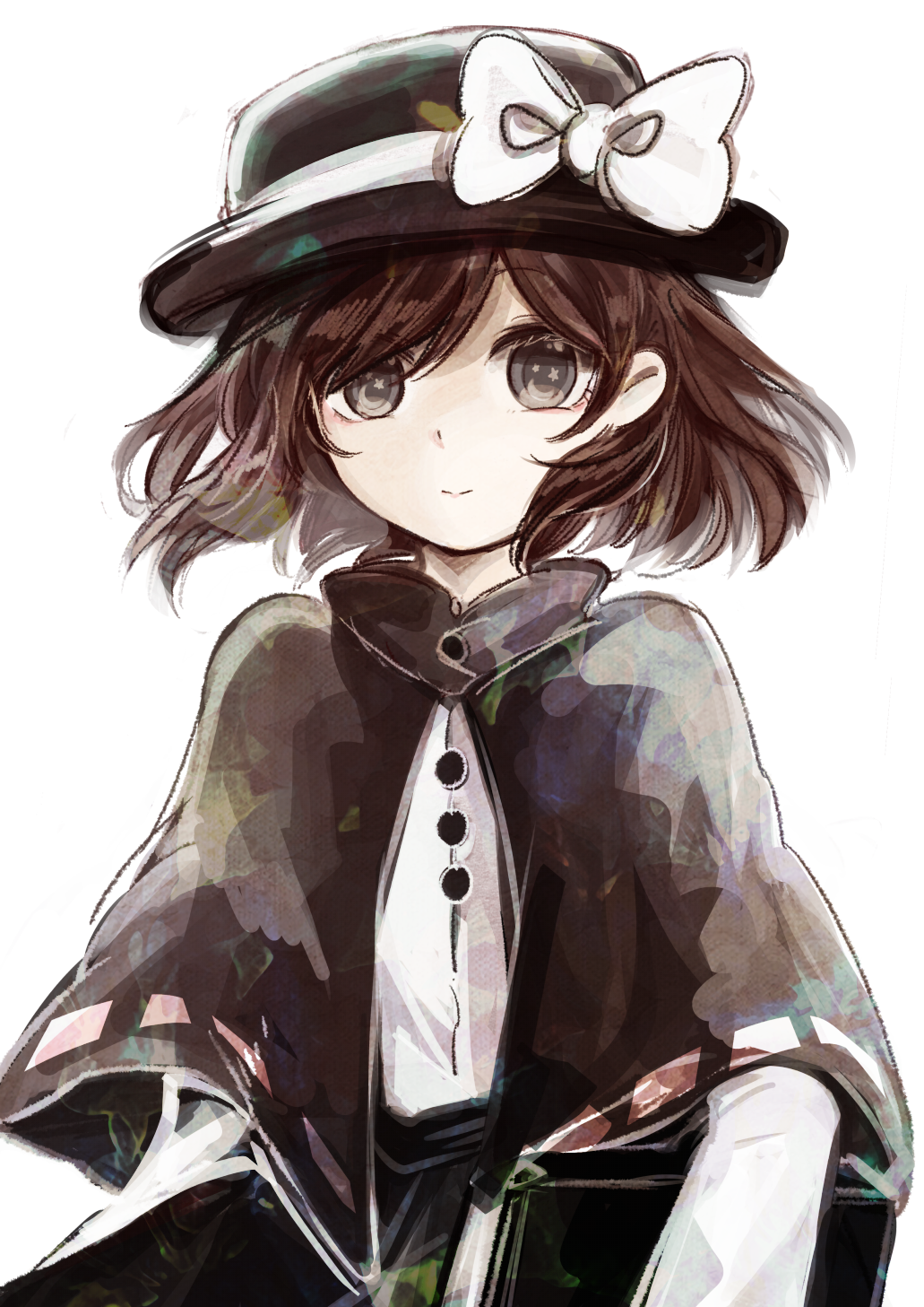 1girl black_headwear black_skirt book bow brown_capelet brown_eyes brown_hair buttons capelet closed_mouth crescent crescent-shaped_pupils hat hat_bow highres holding holding_book shirt short_hair simple_background skirt smile solo star-shaped_pupils star_(symbol) symbol-shaped_pupils symbol_in_eye tama_(hiroshige_36) touhou usami_renko white_background white_bow white_shirt