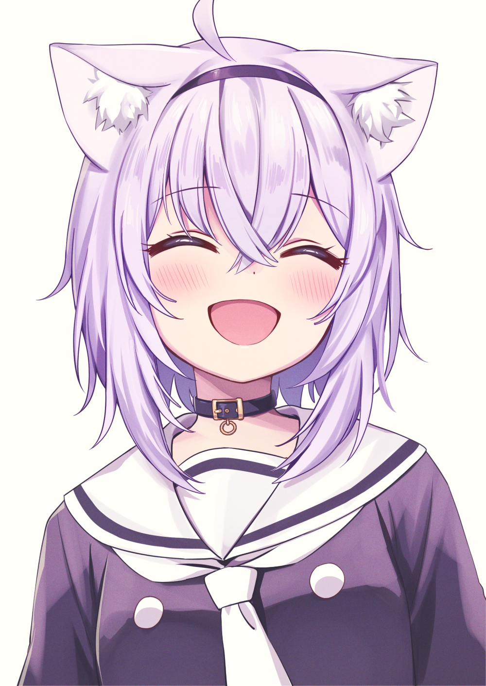 1girl :d ^_^ ahoge animal_ear_fluff animal_ears black_choker black_hairband blush cat_ears cat_girl choker closed_eyes commentary deadnooodles fang grey_background hair_between_eyes hairband highres hololive nekomata_okayu open_mouth purple_hair sailor_collar shirt short_hair simple_background smile solo symbol-only_commentary upper_body white_background white_sailor_collar