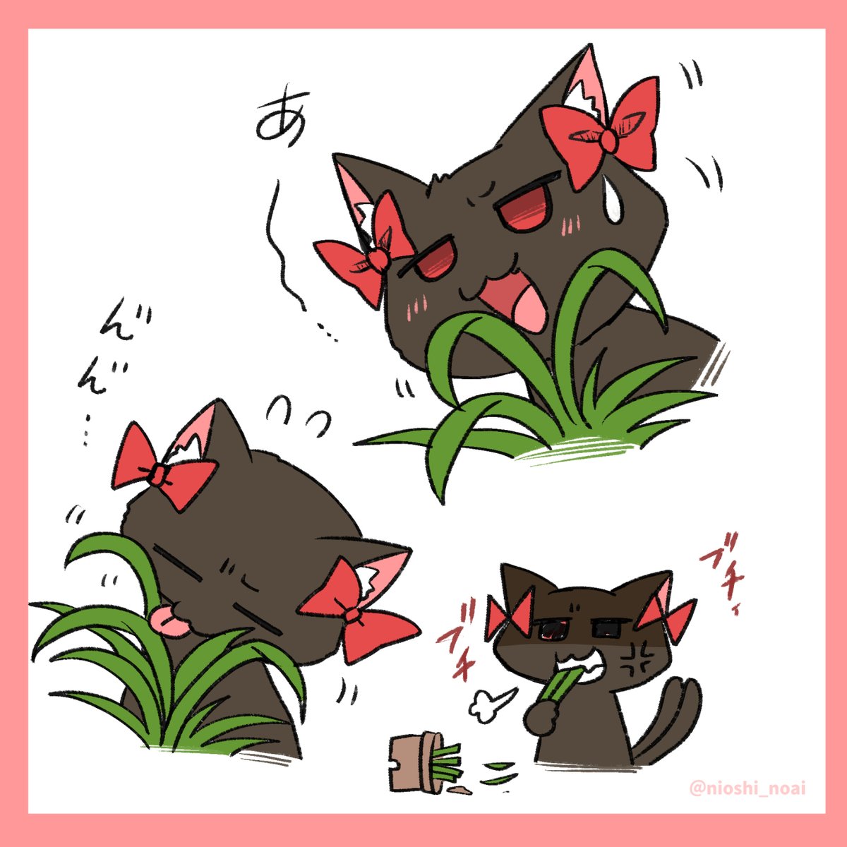 :3 :d =3 anger_vein animal_ear_fluff black_cat blush bow broken cat clenched_teeth cropped_torso flying_sweatdrops highres holding jitome kaenbyou_rin kaenbyou_rin_(cat) leaf licking multiple_views nekomata no_humans noai_nioshi plant potted_plant red_bow simple_background smile sound_effects teeth touhou upper_body white_background