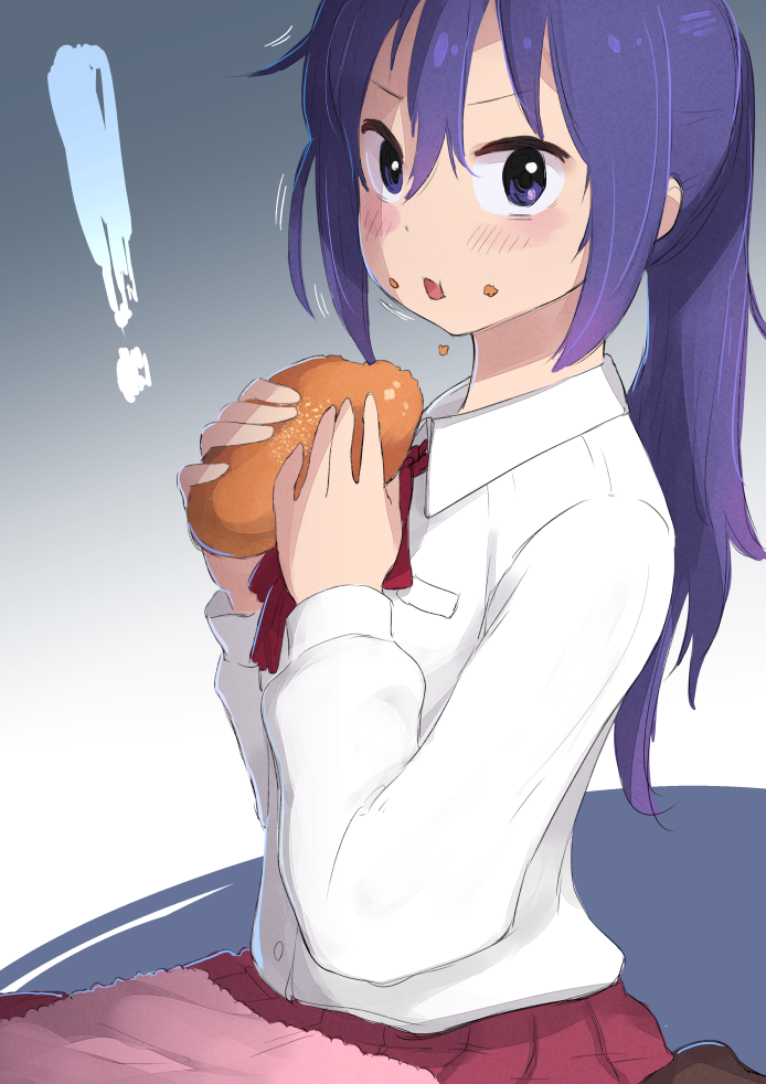 ! 1girl bangs burger commentary_request eating food food_on_face hair_between_eyes himouto!_umaru-chan holding holding_food long_hair long_sleeves looking_at_viewer motoba_kirie neck_ribbon parted_lips pleated_skirt ponytail purple_hair red_skirt ribbon shirt simple_background sitting skirt solo tomamatto violet_eyes white_shirt