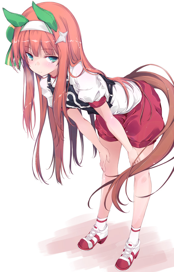 1girl animal_ears aqua_eyes closed_mouth ear_covers full_body gym_uniform hairband hands_on_own_knees horse_ears horse_girl horse_tail leaning_forward long_hair looking_at_viewer orange_hair red_footwear red_shorts shirt shorts silence_suzuka_(umamusume) simple_background smile socks solo standing tail umamusume white_background white_hairband white_shirt white_socks yumesato_makura