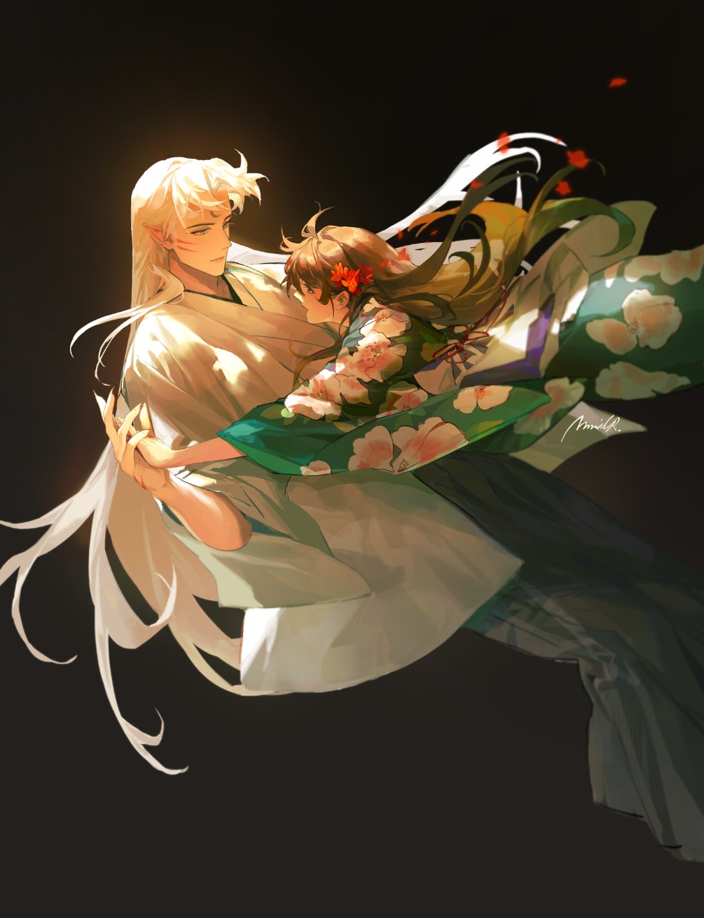 1boy 1girl artist_name bangs black_background black_hair body_markings claws couple facial_mark fingernails floral_print flower forehead_mark hair_flower hair_ornament hetero highres holding_hands inuyasha japanese_clothes kimono long_hair looking_at_another mmmilk parted_bangs pointy_ears print_kimono red_flower rin_(inuyasha) sesshoumaru sharp_fingernails signature upper_body very_long_hair white_hair white_kimono
