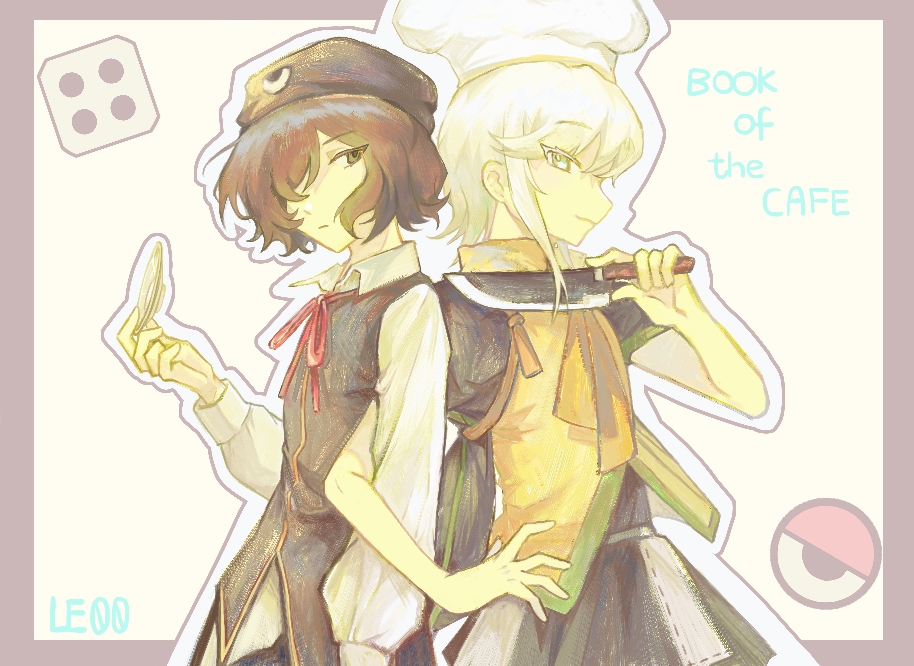 2others androgynous back-to-back beanie black_eyes black_hair book_of_the_cafe brown_coat chef_hat coat enraku_tsubakura grey_eyes grey_hair hat houlen_yabusame len'en multiple_others mxx33 short_hair short_hair_with_long_locks smile vest