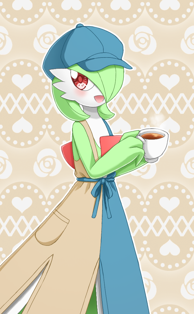 1girl bangs blue_dress blue_headwear blush bob_cut brown_background brown_dress cabbie_hat clothed_pokemon colored_skin commentary_request cup dress drink flat_chest floral_background gardevoir green_hair green_skin hair_over_one_eye hands_up happy hat heart heart_background hikatty holding holding_cup holding_drink looking_to_the_side multicolored_skin one_eye_covered open_mouth outline partial_commentary pokemon pokemon_(creature) pokemon_(game) pokemon_unite red_eyes sash short_hair smile solo standing steam tea teacup two-tone_dress two-tone_skin white_outline white_skin