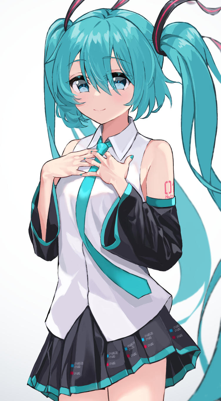1girl aqua_eyes aqua_hair aqua_necktie bangs bare_shoulders black_skirt closed_mouth collared_shirt commentary_request detached_sleeves dress_shirt eyes_visible_through_hair gradient gradient_background hair_between_eyes hands_on_own_chest hatsune_miku highres kuronosu_(yamada1230) long_hair looking_at_viewer nail_polish necktie number_tattoo pleated_skirt shirt shoulder_tattoo skirt sleeveless sleeveless_shirt smile solo tattoo twintails vocaloid white_background white_shirt