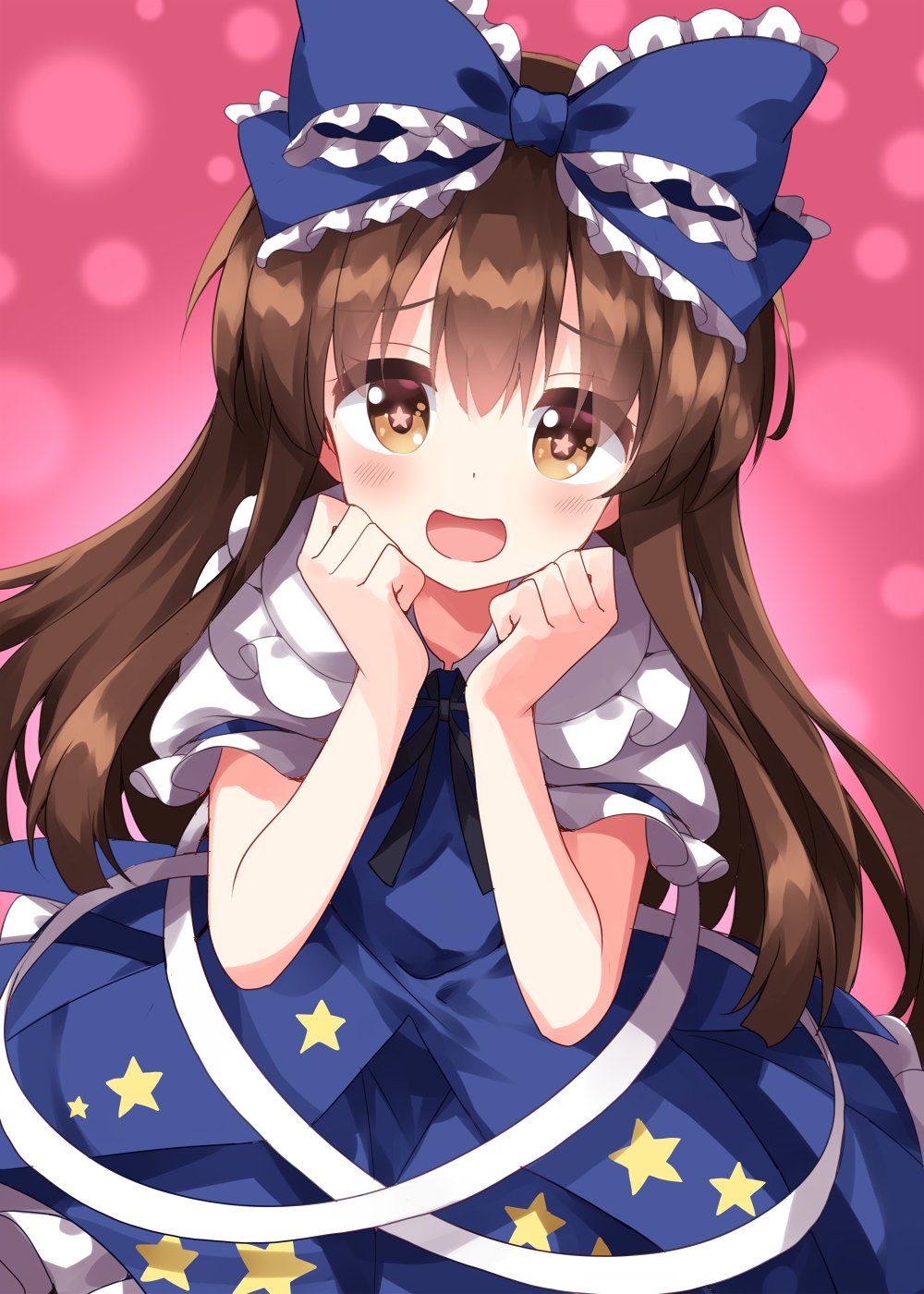 1girl bangs blue_bow blue_dress bow brown_eyes brown_hair collared_shirt commentary_request dress fairy fairy_wings frilled_bow frills hair_bow highres long_hair one-hour_drawing_challenge open_mouth pinafore_dress puffy_short_sleeves puffy_sleeves ruu_(tksymkw) shirt short_sleeves solo star-shaped_pupils star_(symbol) star_print star_sapphire symbol-shaped_pupils touhou very_long_hair white_shirt wings