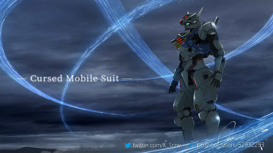commentary english_text episode_title green_eyes gundam gundam_aerial gundam_suisei_no_majo mecha mobile_suit no_humans pixiv_id pixiv_logo robot science_fiction serike_w shadow signature solo standing twitter_logo twitter_username v-fin waves