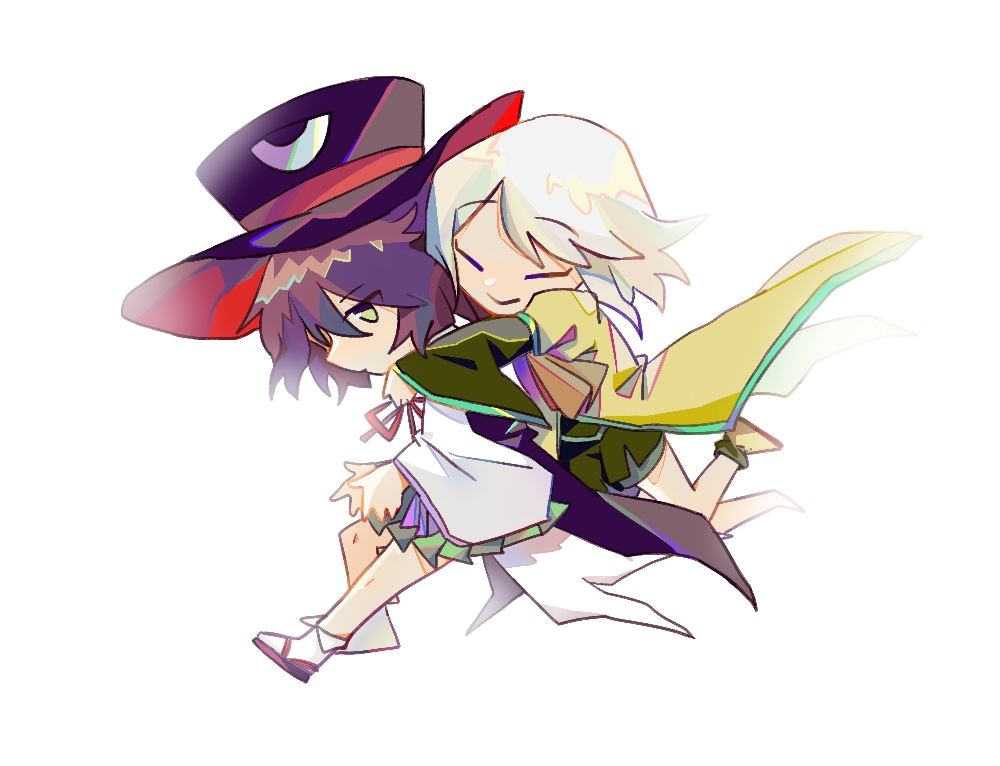 2others androgynous black_eyes black_hair brown_coat chibi coat collared_socks detached_sleeves enraku_tsubakura grey_hair hakama hakama_short_skirt hakama_skirt hat houlen_yabusame japanese_clothes large_hat len'en multiple_others mxx33 short_hair_with_long_locks shorts skirt top_hat