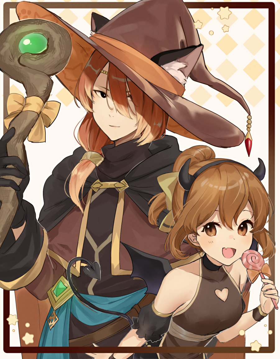 1boy 1girl animal_ears black_eyes brother_and_sister brown_eyes brown_hair candy cape cat_ears delthea_(fire_emblem) demon_tail demon_wings fake_horns fang fire_emblem fire_emblem_echoes:_shadows_of_valentia food halloween_costume haru_(nakajou-28) hat horns lollipop looking_at_viewer luthier_(fire_emblem) orange_hair robe siblings staff tail wings witch_hat