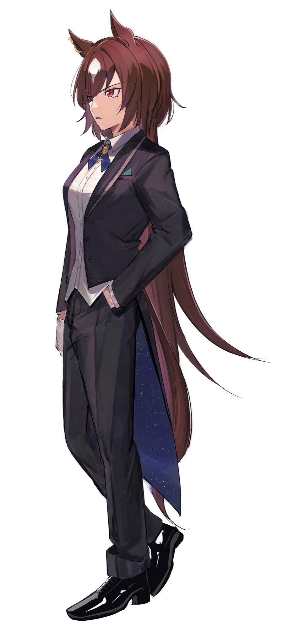1girl animal_ears arm_at_side bangs black_footwear black_jacket black_pants bojue_(hakus_1128) breasts brown_hair collared_shirt cross_tie full_body gloves hand_in_pocket heel_up highres horse_ears horse_girl horse_tail jacket loafers long_hair long_sleeves looking_afar open_clothes open_jacket pants parted_lips red_eyes shirt shoes simple_background sirius_symboli_(umamusume) small_breasts solo standing tail tailcoat tuxedo umamusume white_background white_gloves white_shirt