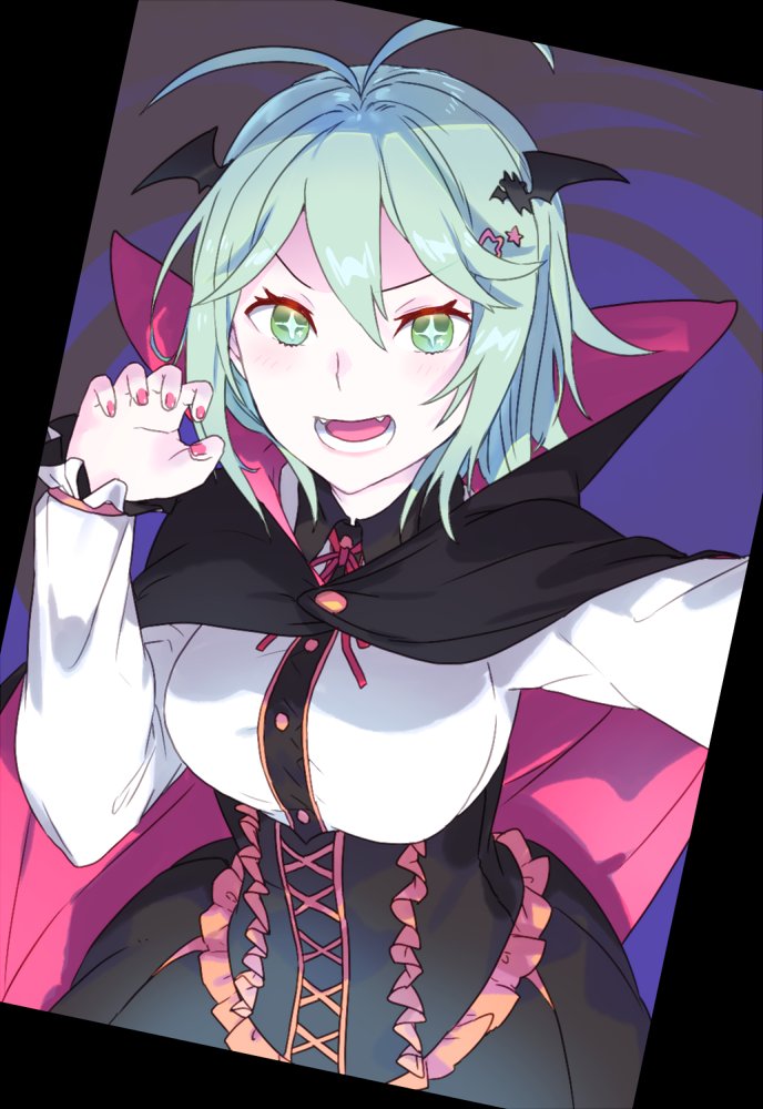 1girl antenna_hair bad_id bad_twitter_id bangs bat_hair_ornament black_cloak black_skirt claw_pose cloak collared_shirt commentary_request cross-shaped_pupils fangs frilled_sleeves frills green_eyes green_hair hair_ornament hairclip halloween halloween_costume high-waist_skirt kuze_(ira) long_sleeves looking_at_viewer neck_ribbon open_mouth original red_cloak red_ribbon ribbon selfie shirt short_hair skirt smile solo standing two-sided_cloak two-sided_fabric white_shirt